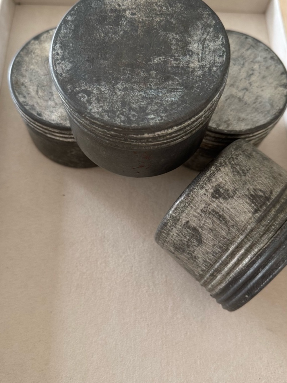 Set of 4 Vintage Industrial Metal Tins Screw Top Zinc Patina Heavy Wear